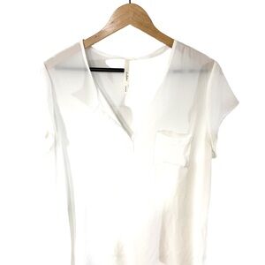 Bellatrix White Sheer Short Sleeve Blouse with Pocket | Size Large | Made in USA
